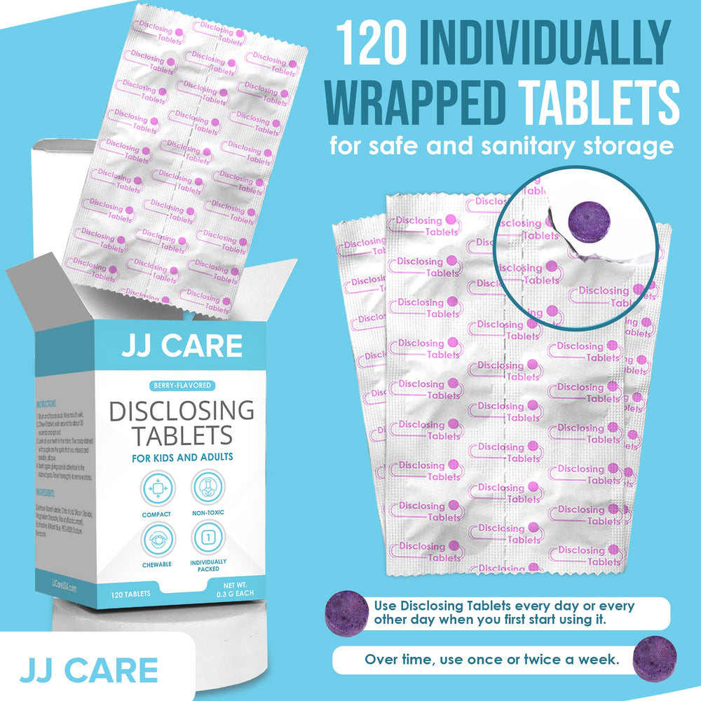 JJ Care dental care tablets in use for kids and adults