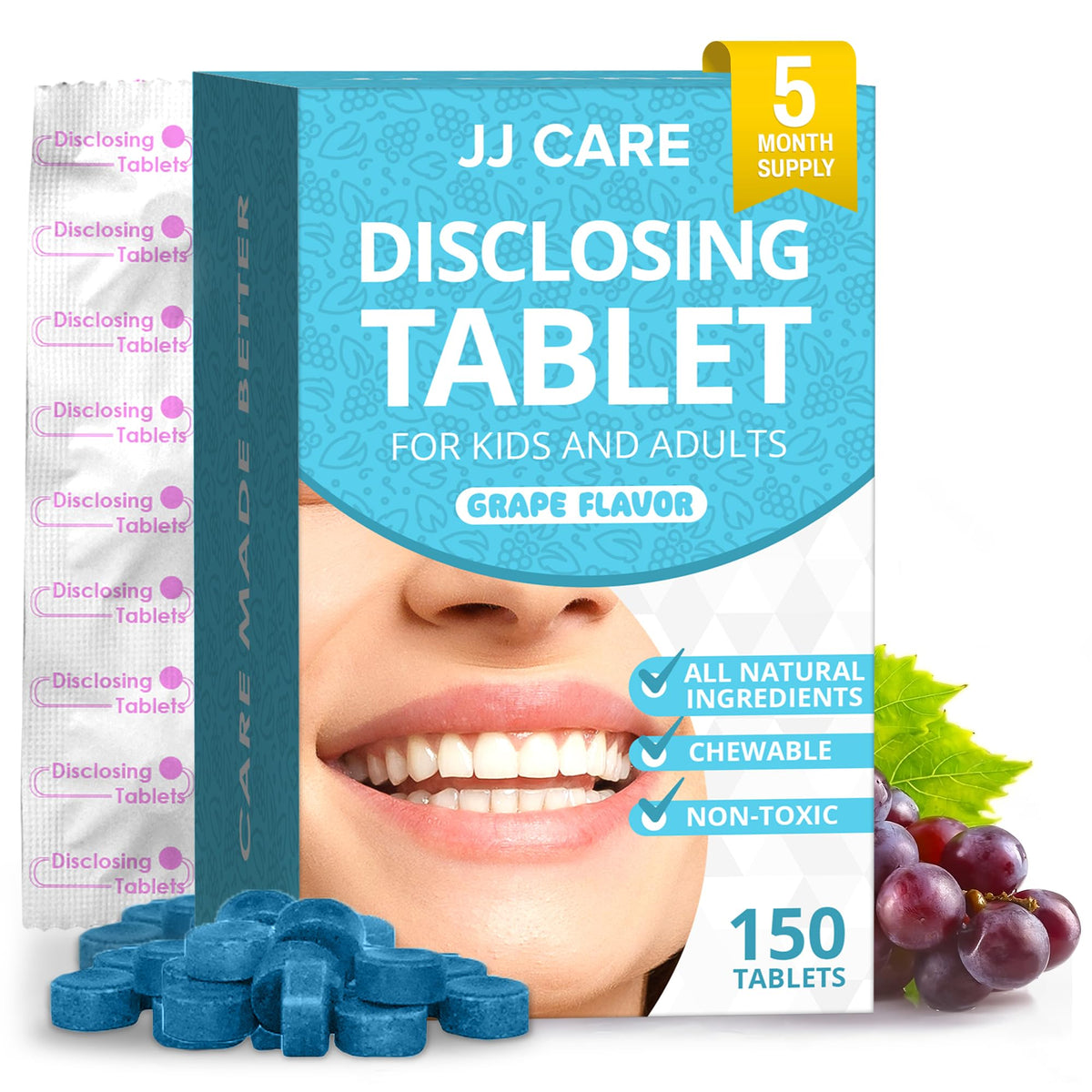 JJ Care Plaque Disclosing Tablets packaging showing 150-count bottle