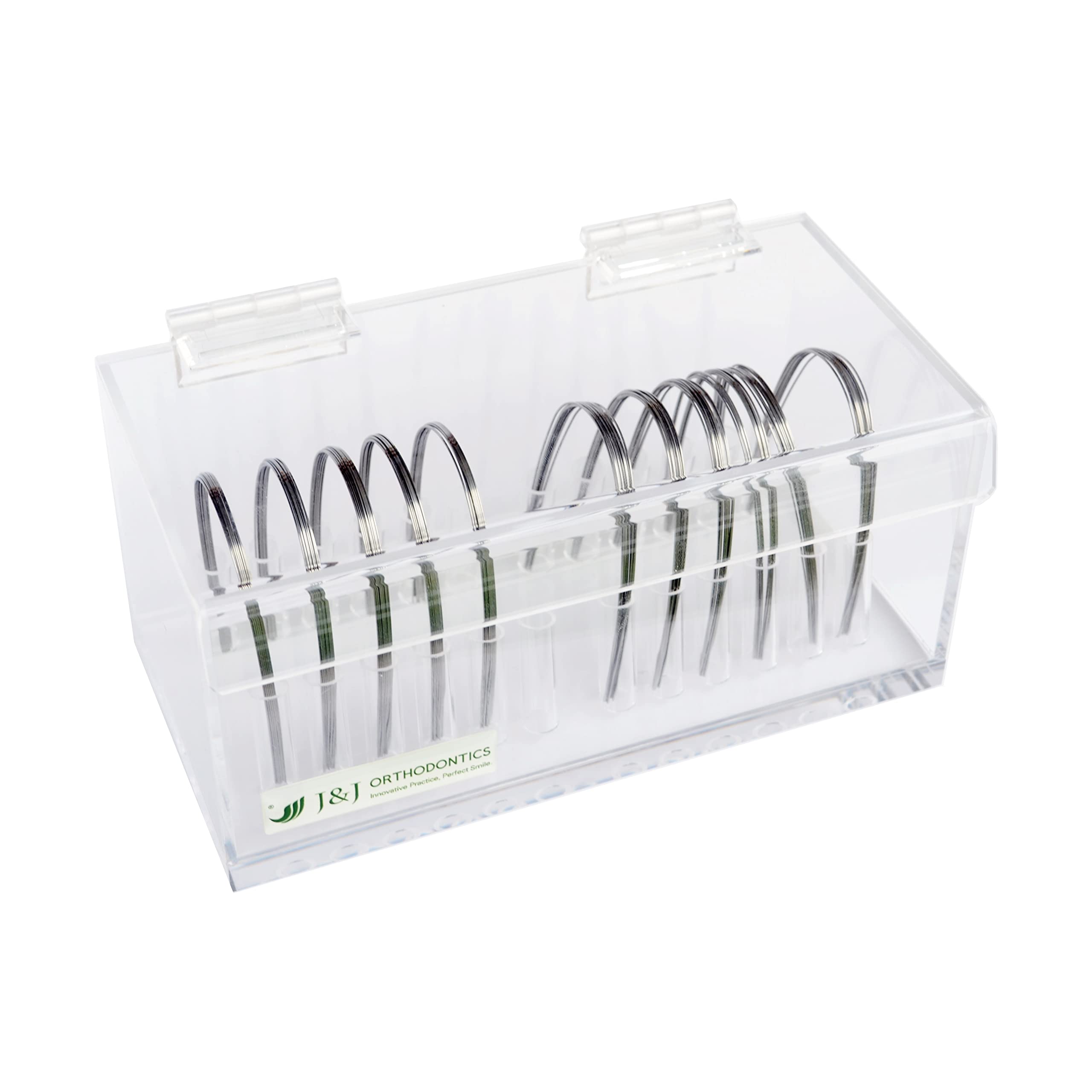 Clear acrylic J&J Ortho arch wire holder organizer box with lid, front view
