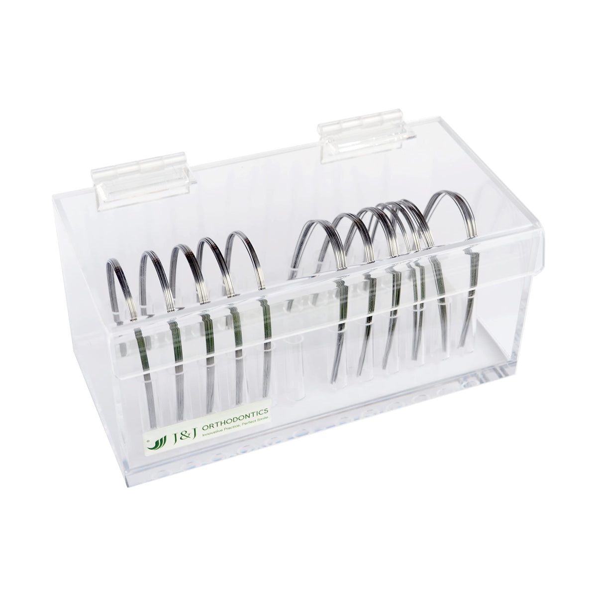 Clear acrylic J&J Ortho arch wire holder organizer box with lid, front view