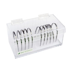 Clear acrylic J&J Ortho arch wire holder organizer box with lid, front view