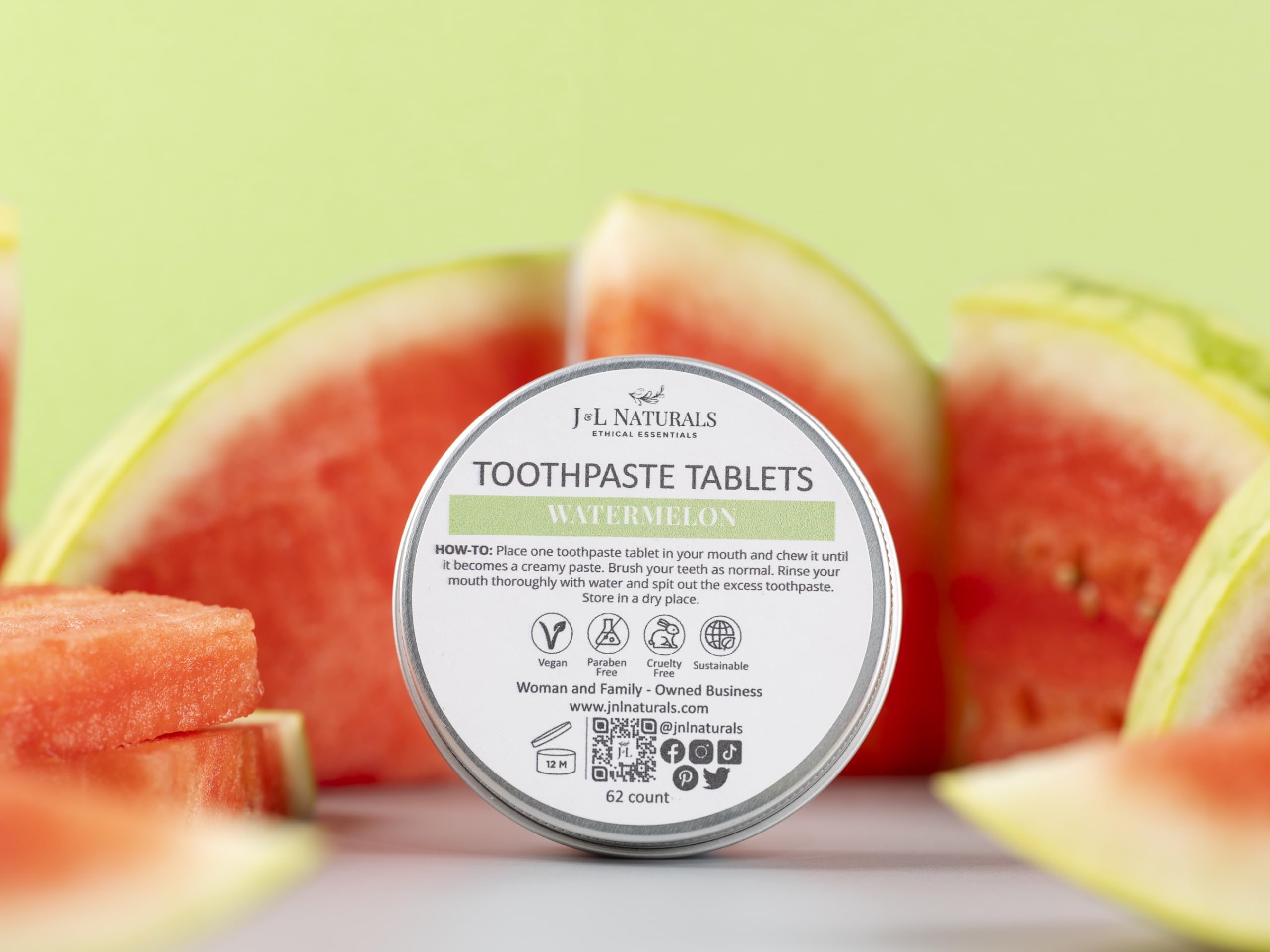 Reusable metal travel tin packaging for J&L Naturals toothpaste tablets