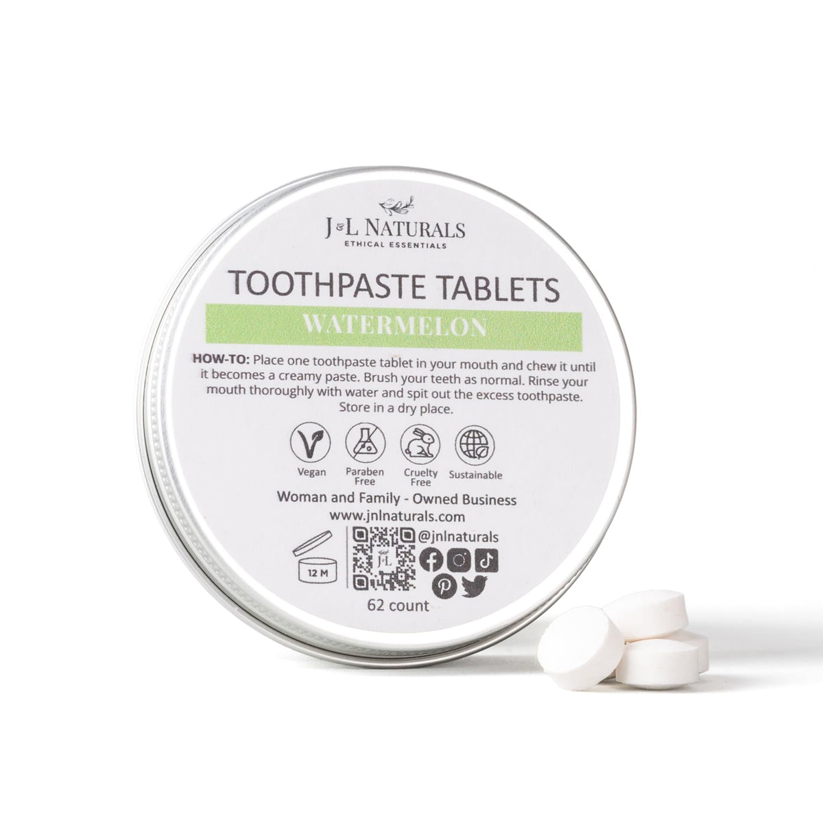 J&L Naturals Watermelon toothpaste tablets in a 62-count travel tin packaging