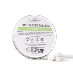 J&L Naturals Watermelon toothpaste tablets in a 62-count travel tin packaging