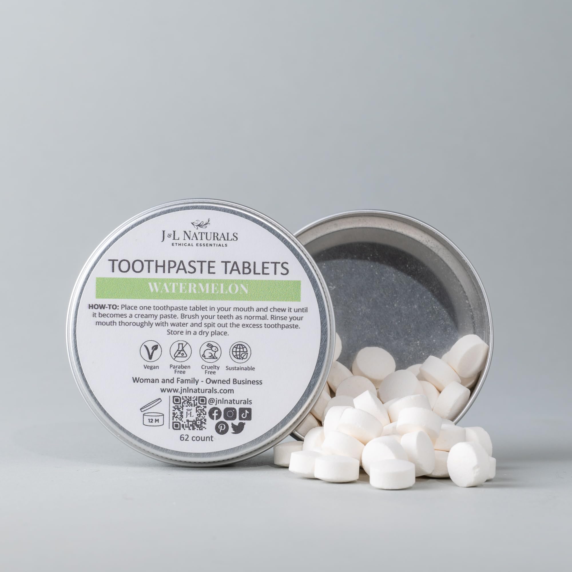 Plastic-free, zero-waste packaging for J&L Naturals toothpaste tablets