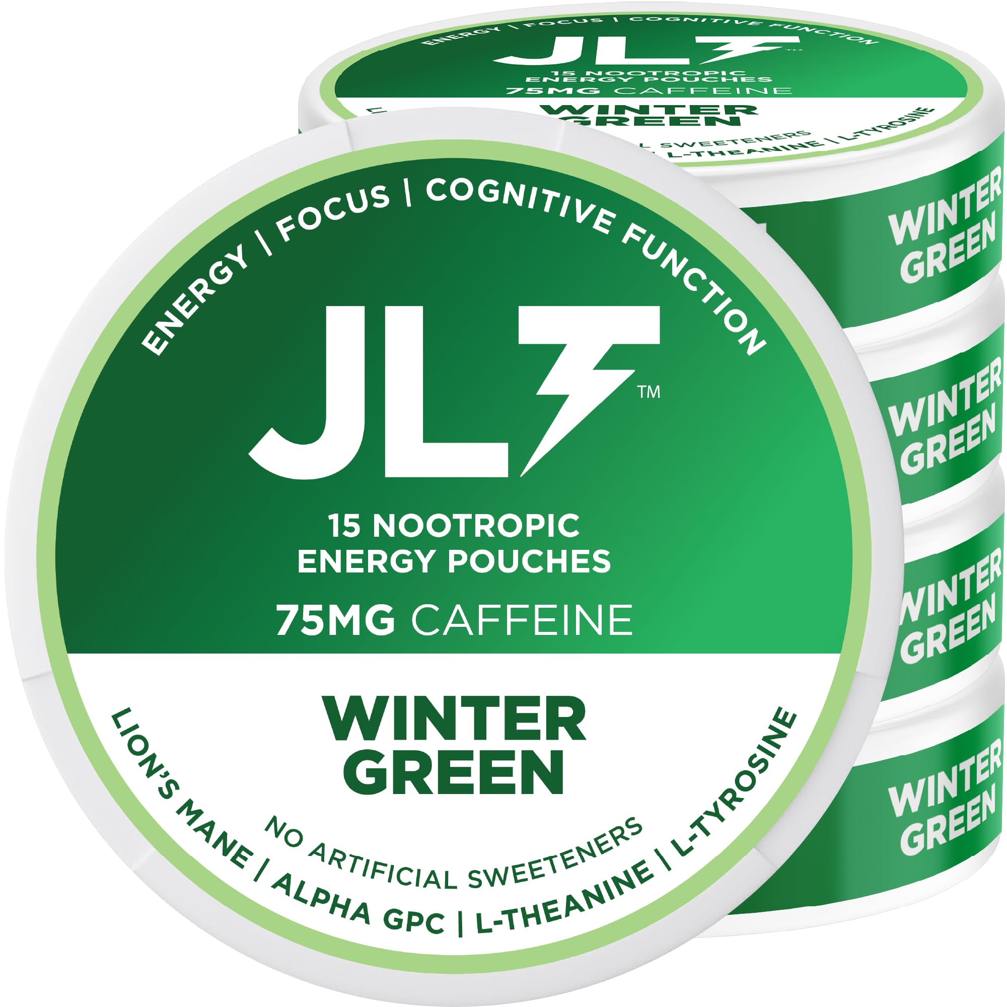 JLT Energy 75mg caffeine pouch close-up for quick focus on-the-go