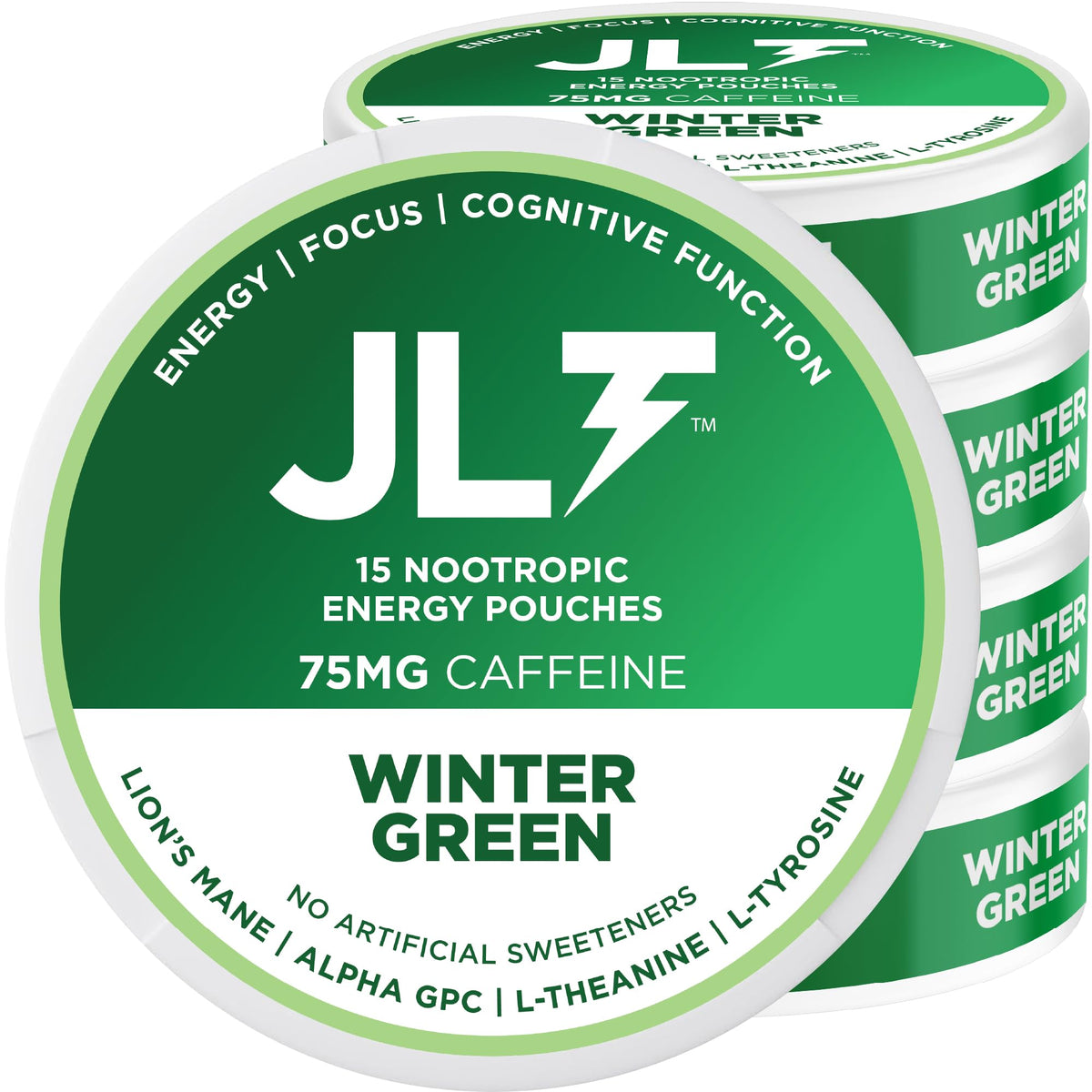 JLT Energy 75mg caffeine pouch close-up for quick focus on-the-go