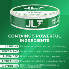 JLT Energy Alpha GPC/L-Tyrosine/L-Theanine pouch emphasizes calm focus and motivation during work