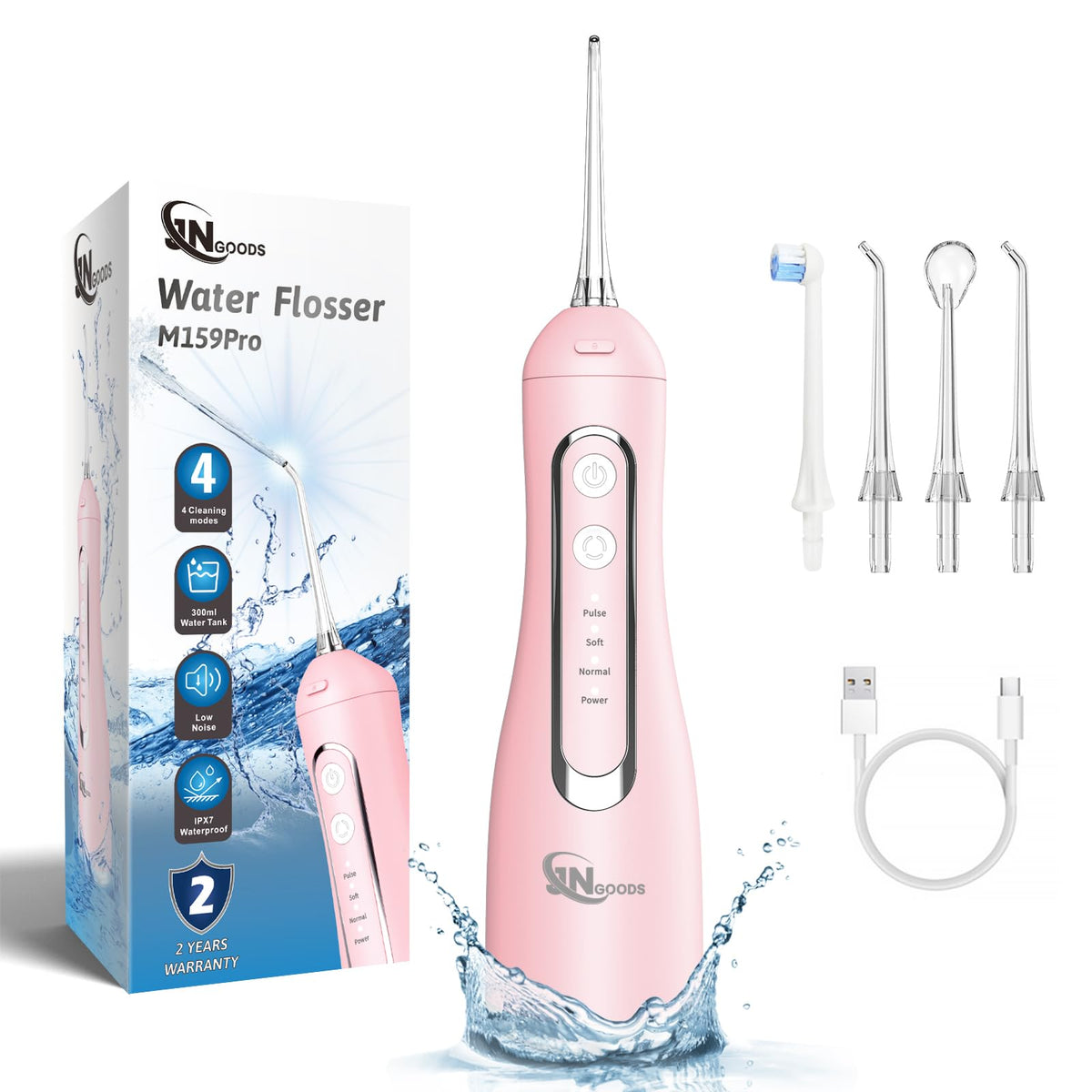 JNGOODS Cordless Water Flosser (Pink) front view