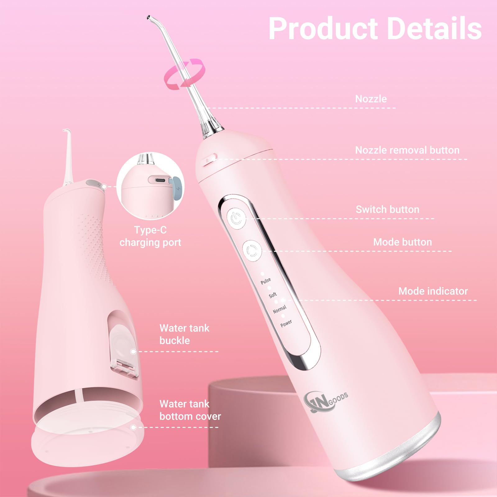 Packaging, travel case, and pink color accents
