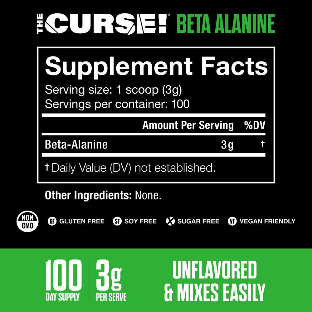 JNX Sports The Curse Beta Alanine powder with scoop for precise 3g servings.