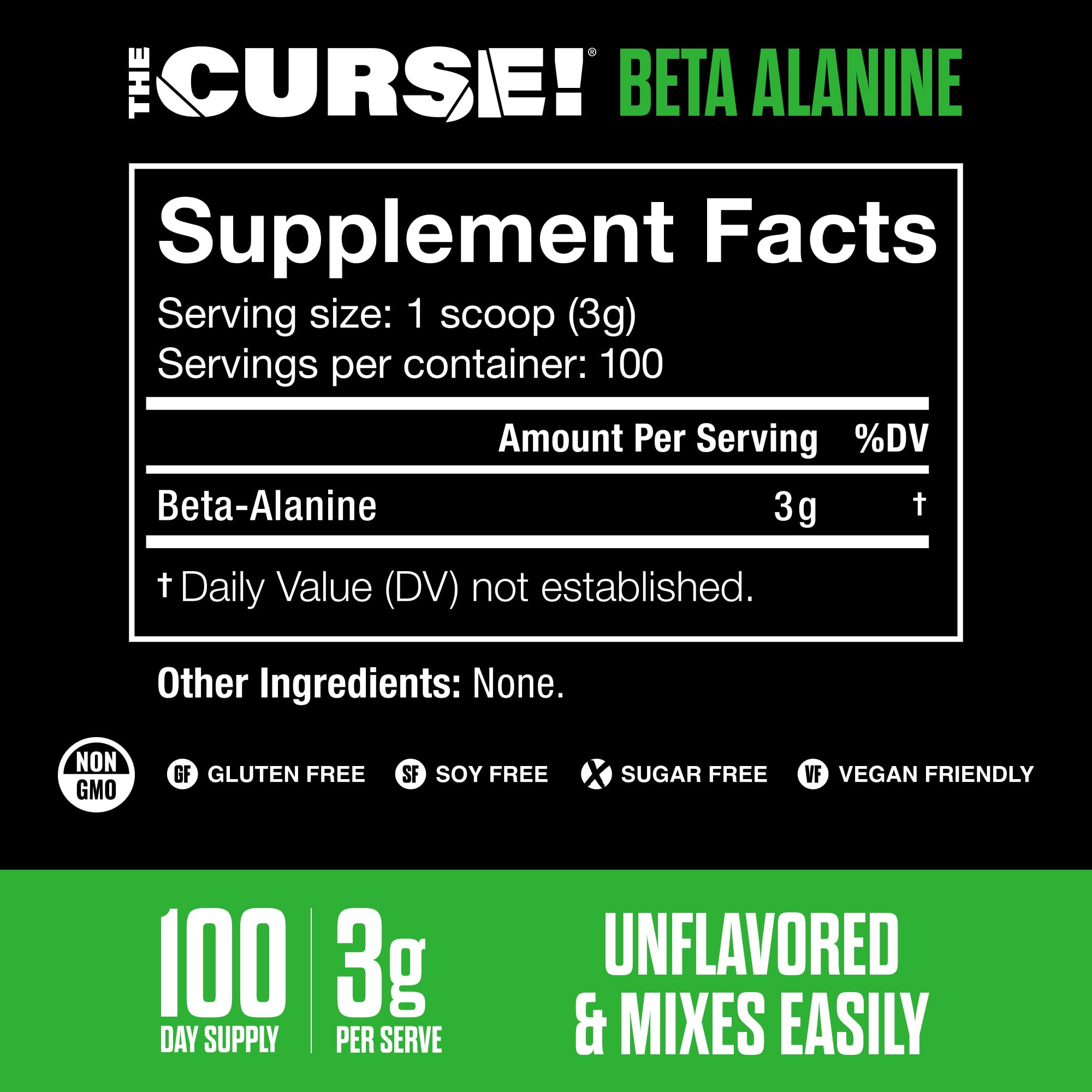 JNX Sports The Curse Beta Alanine powder with scoop for precise 3g servings.