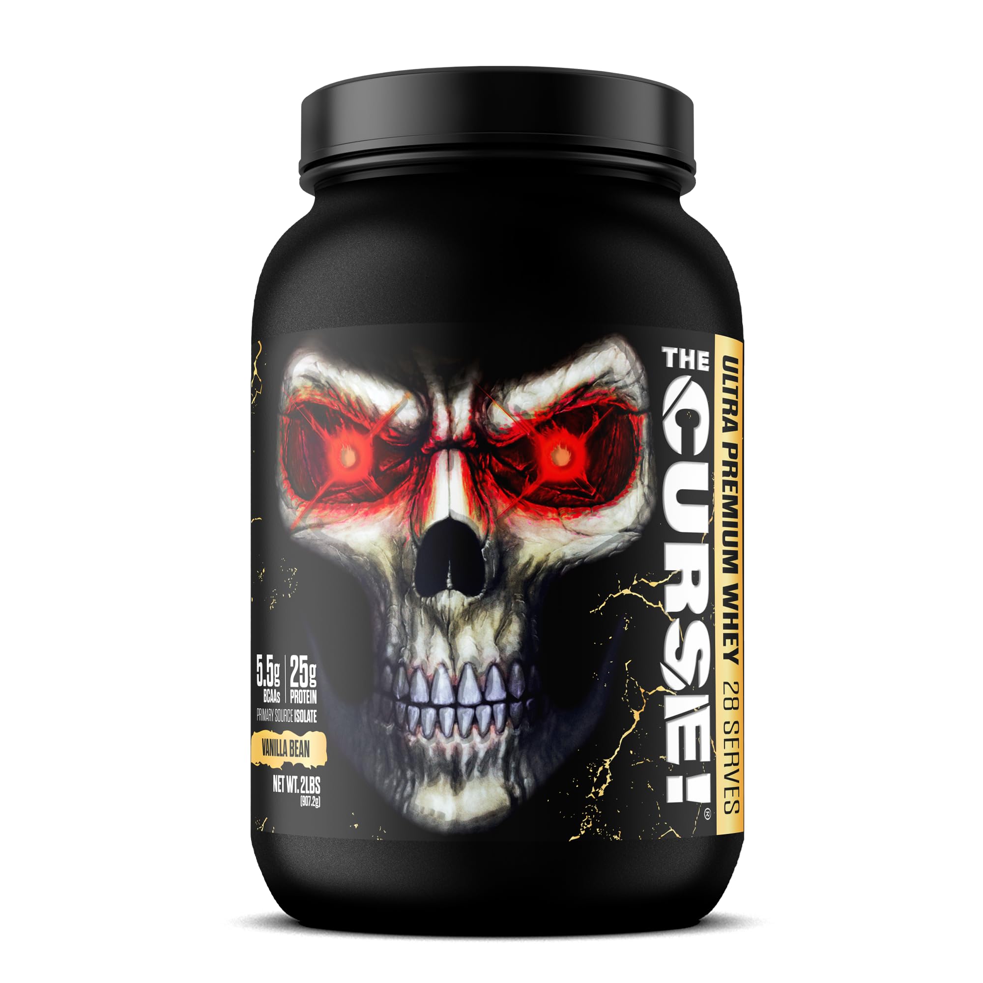 JNX SPORTS The Curse! whey tub front showing vanilla bean flavor and 25g protein