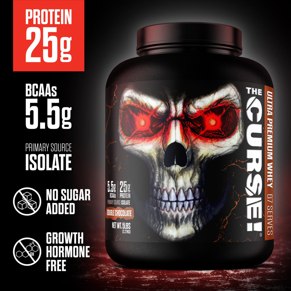 JNX SPORTS The Curse shake in glass—convenient high-protein snack after training.