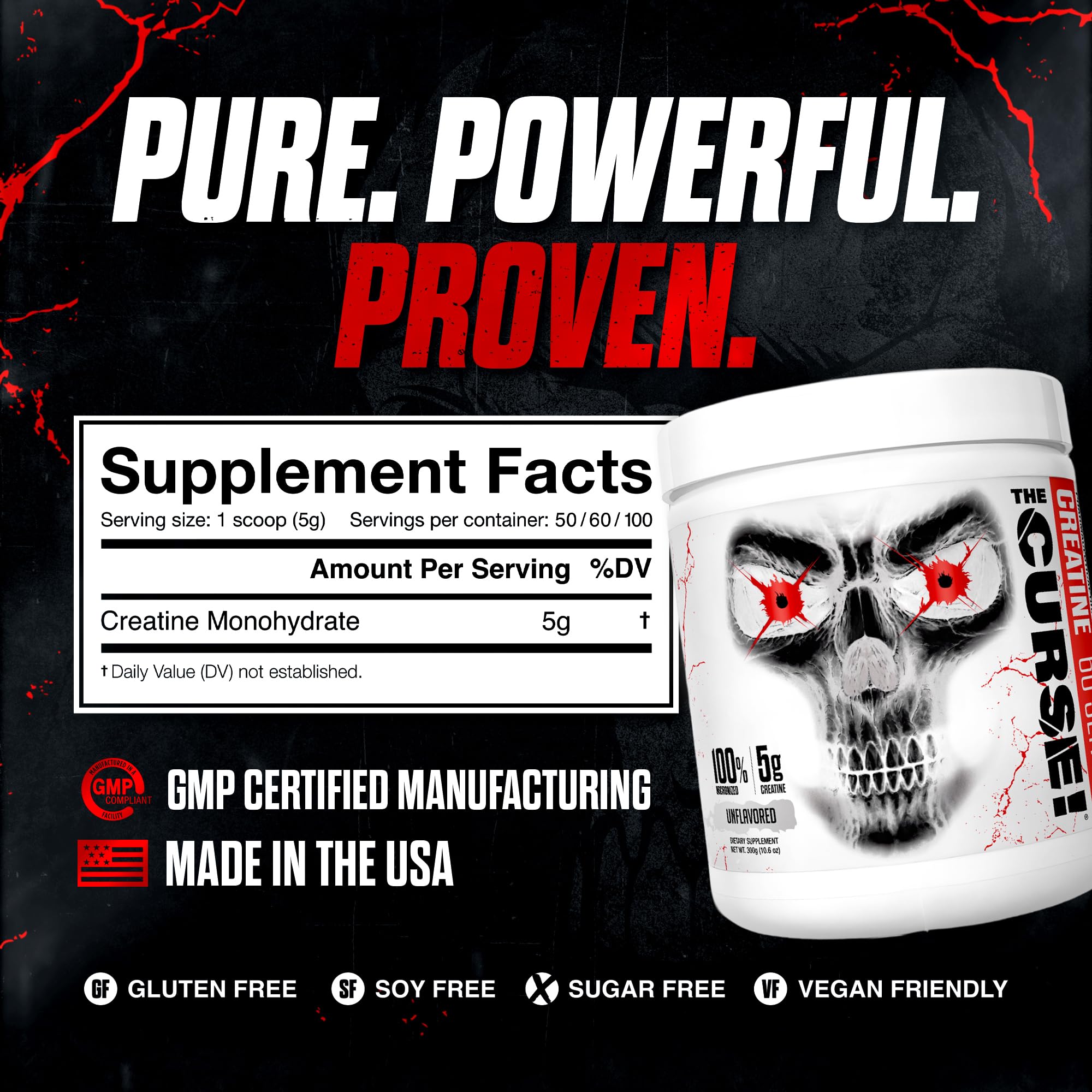 Back of container listing ingredients and nutrition for The Curse Creatine Monohydrate powder