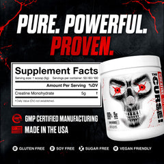 Back of container listing ingredients and nutrition for The Curse Creatine Monohydrate powder
