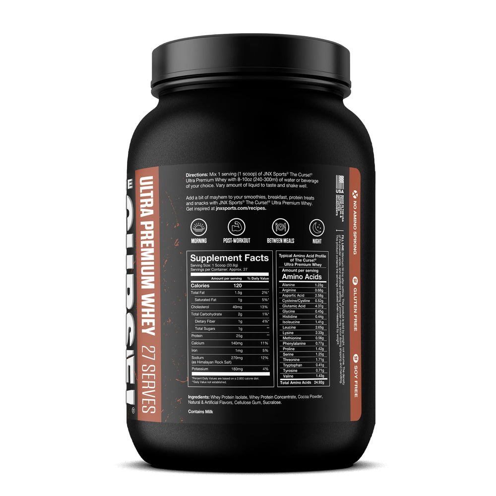 JNX SPORTS The Curse Ultra Premium Whey scoop demonstrates easy-to-mix texture for post-workout shakes