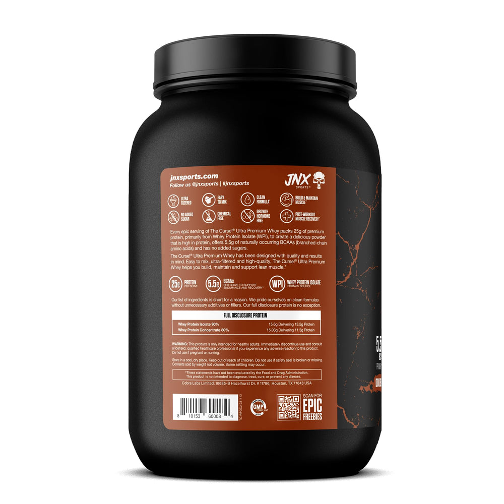 JNX SPORTS The Curse Ultra Premium Whey shake with glass shows creamy chocolate flavor