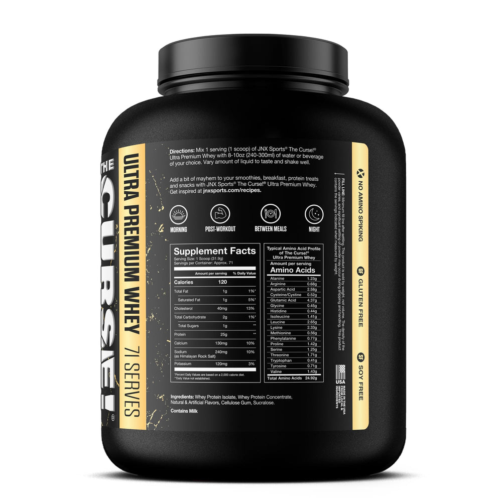 The Curse whey vanilla bean scoop with 25g protein per serving