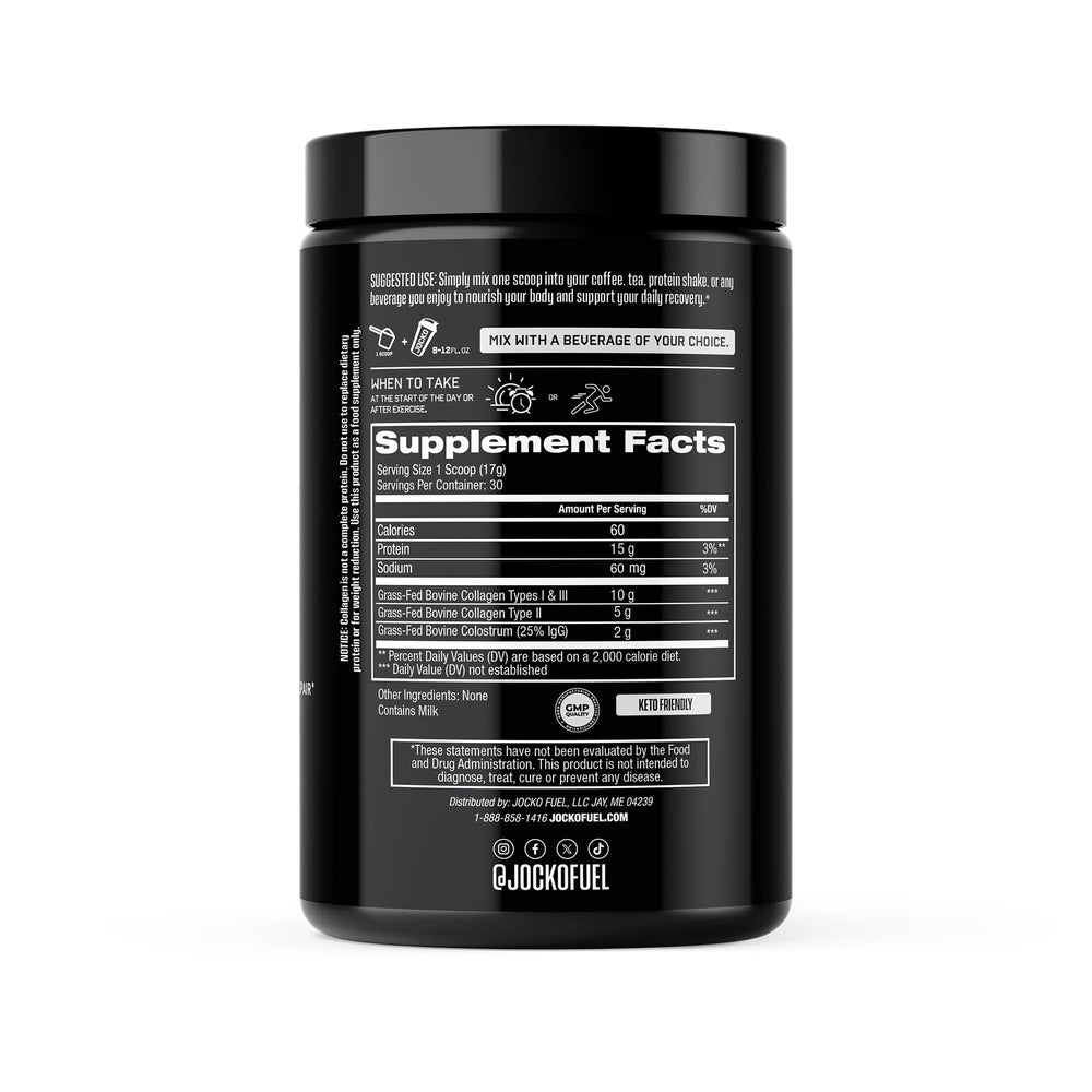 Front view of Jocko Fuel Collagen Colostrum bottle