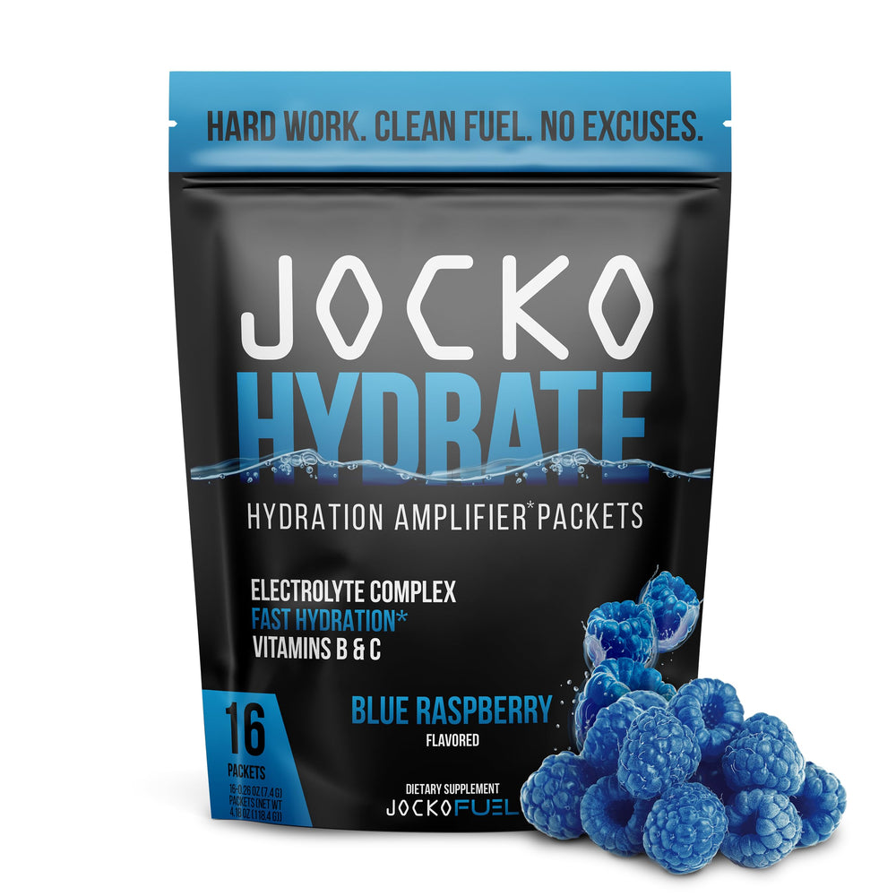 Front view of Jocko Fuel Hydrate Electrolytes Powder Packets Blue Raspberry, 16-pack