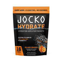 Jocko Fuel Hydrate Island Orange electrolyte powder packet – front view