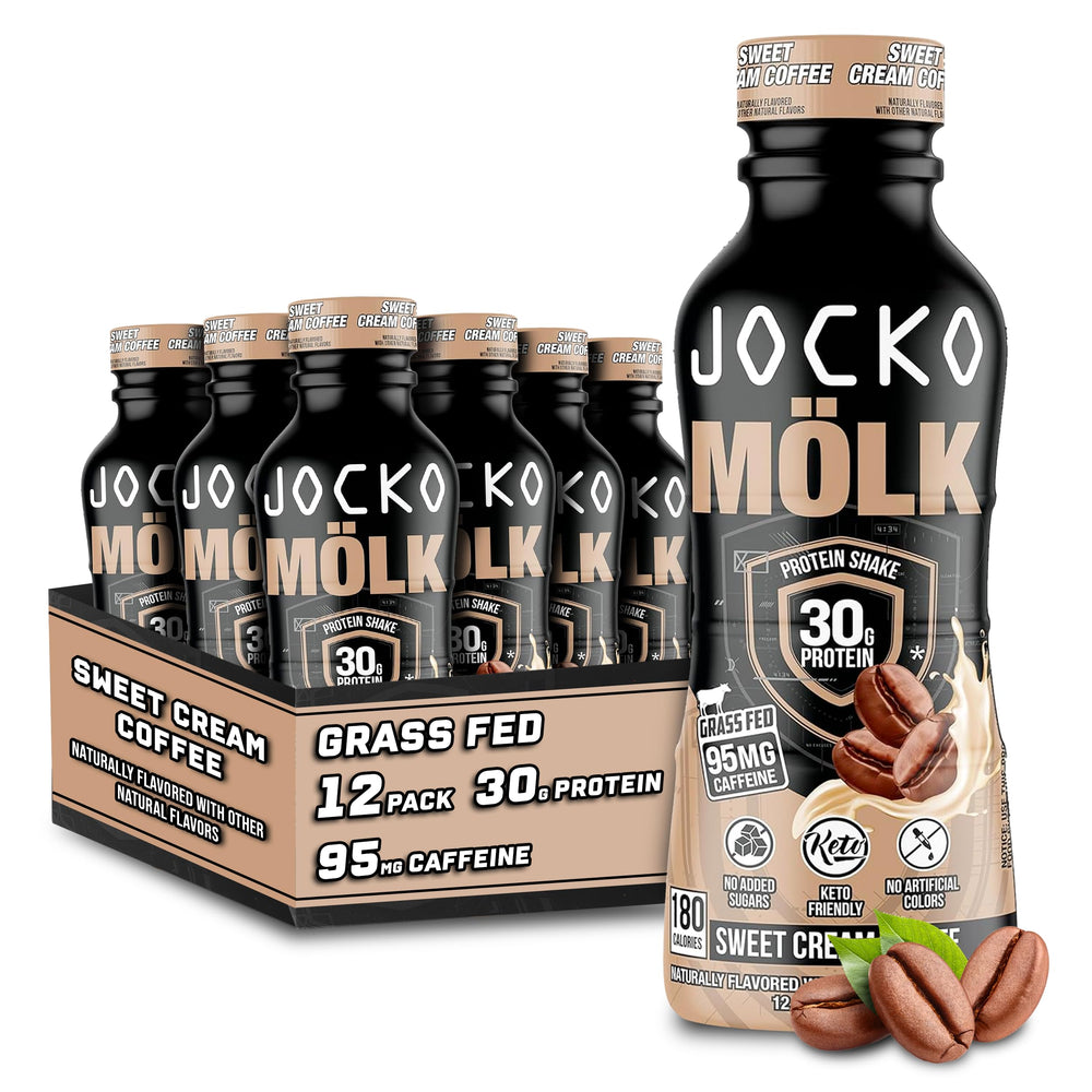 Front view of Jocko Fuel Mölk 30g grass-fed protein shakes bottle (Sweet Cream Coffee flavor)