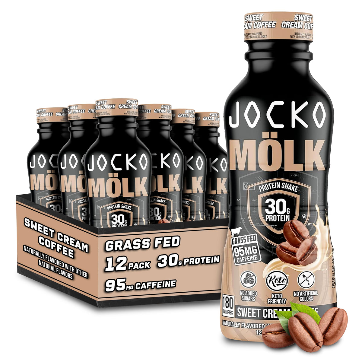 Front view of Jocko Fuel Mölk 30g grass-fed protein shakes bottle (Sweet Cream Coffee flavor)