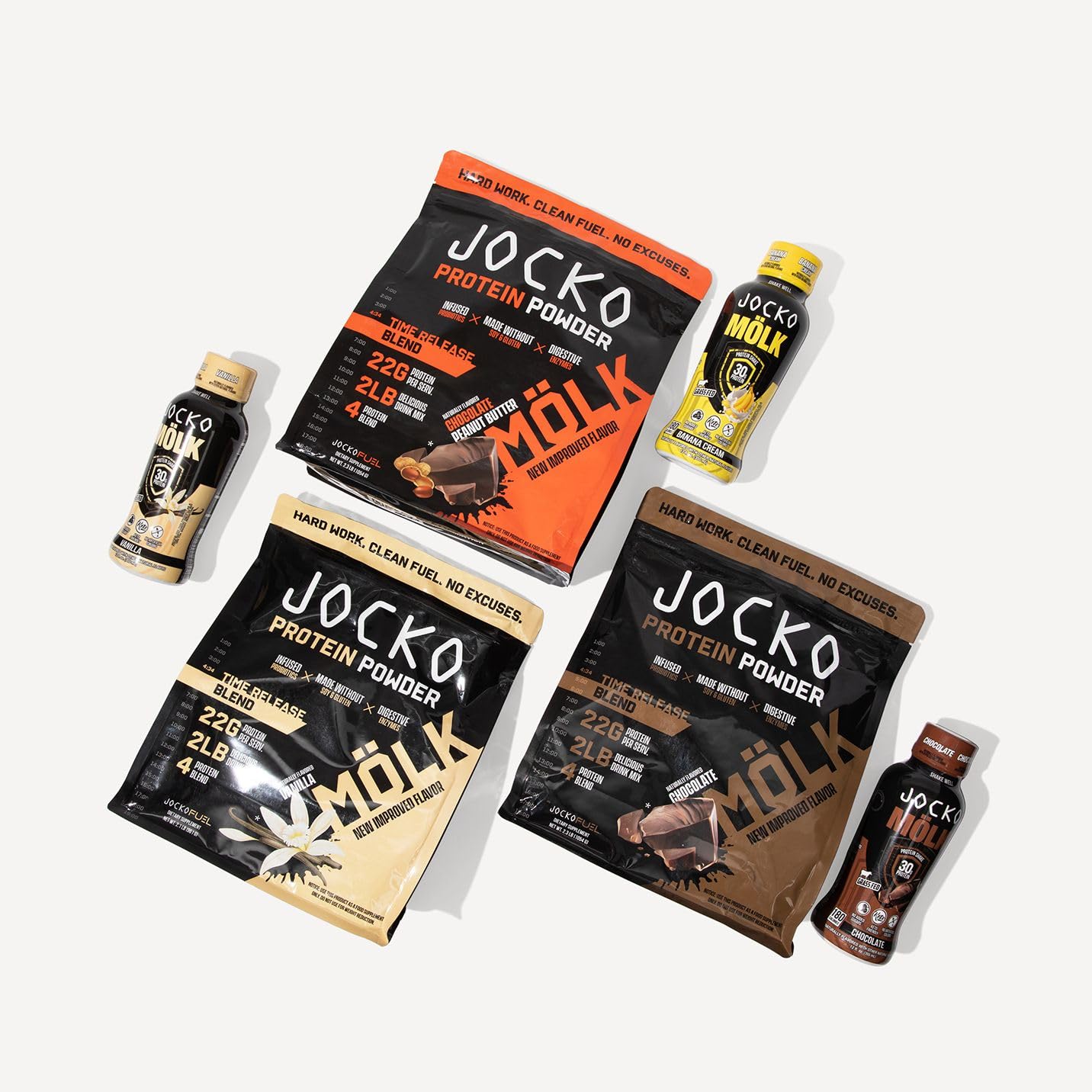 Display of 12-pack Jocko Mölk Chocolate protein shakes