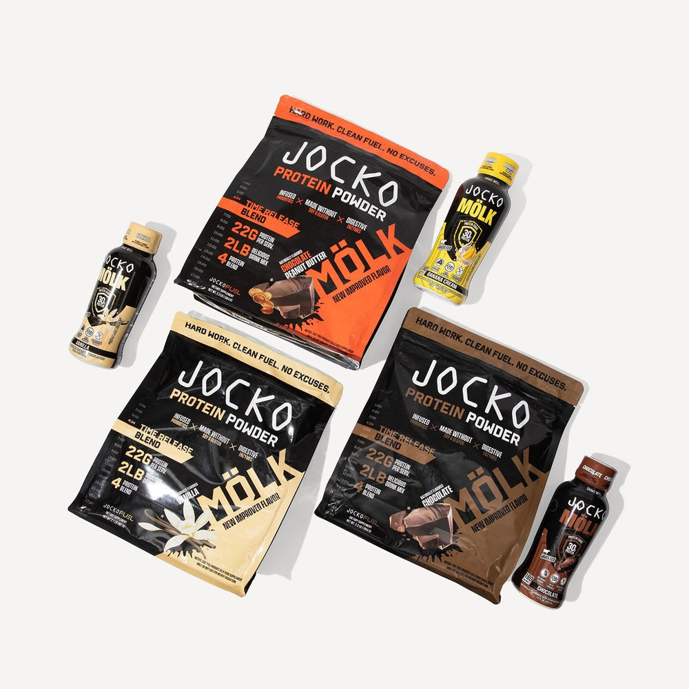 Display of 12-pack Jocko Mölk Chocolate protein shakes
