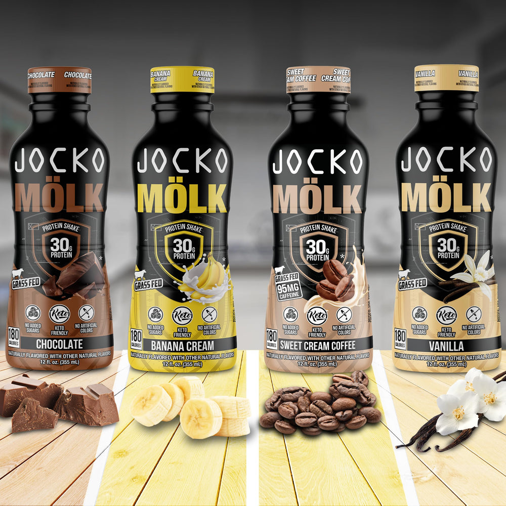 Nutrition facts showing 180 calories per serving for Jocko Mölk shake