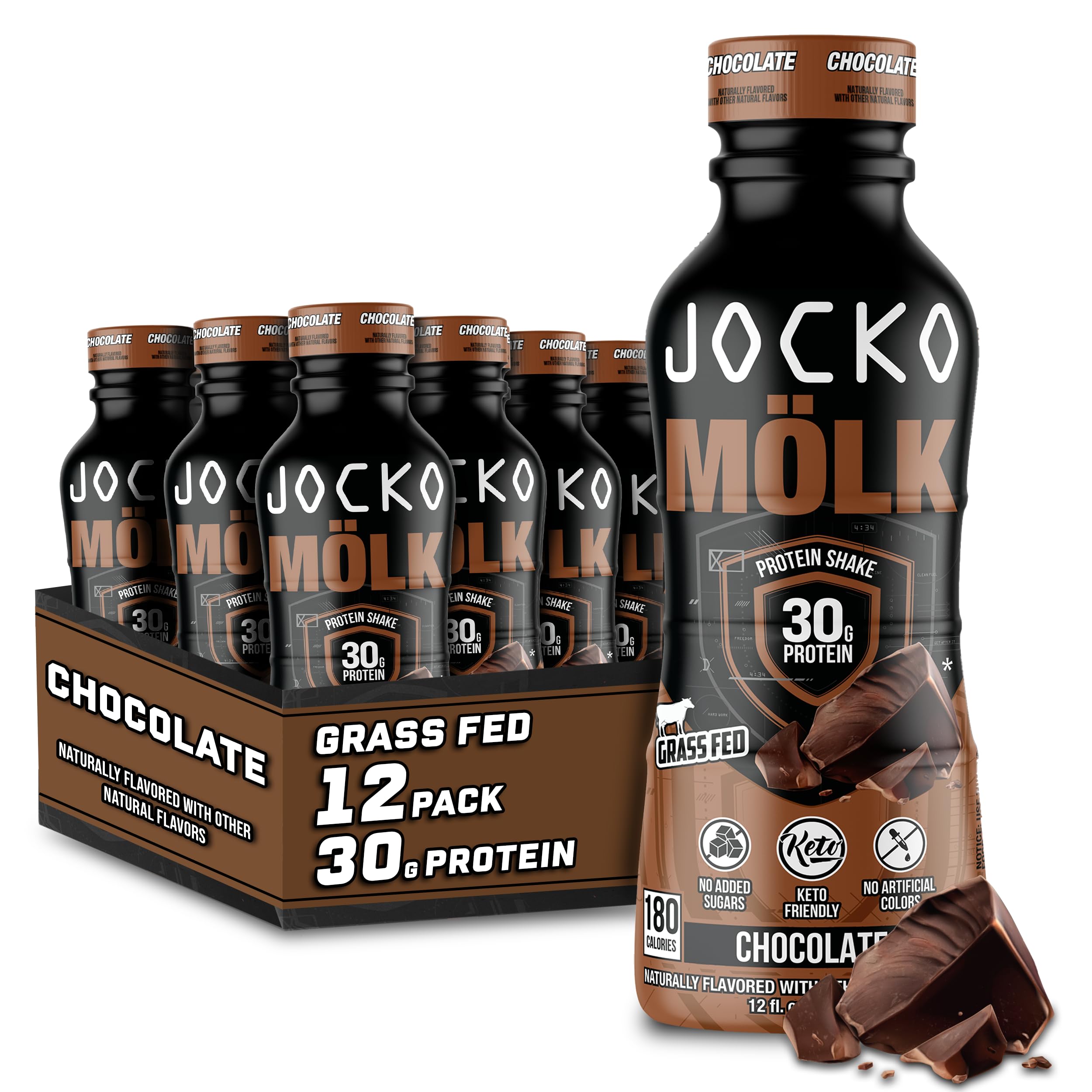 Jocko Mölk Grass-Fed 30g Chocolate Protein Shake bottle in a 12-pack