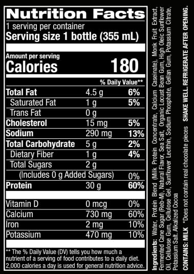 Nutrition panel for Jocko Mölk Grass-Fed protein shake (Chocolate flavor)