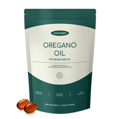 JOHN RAMBO Oil of Oregano with Black Seed Oil bottle showing 150-day supply