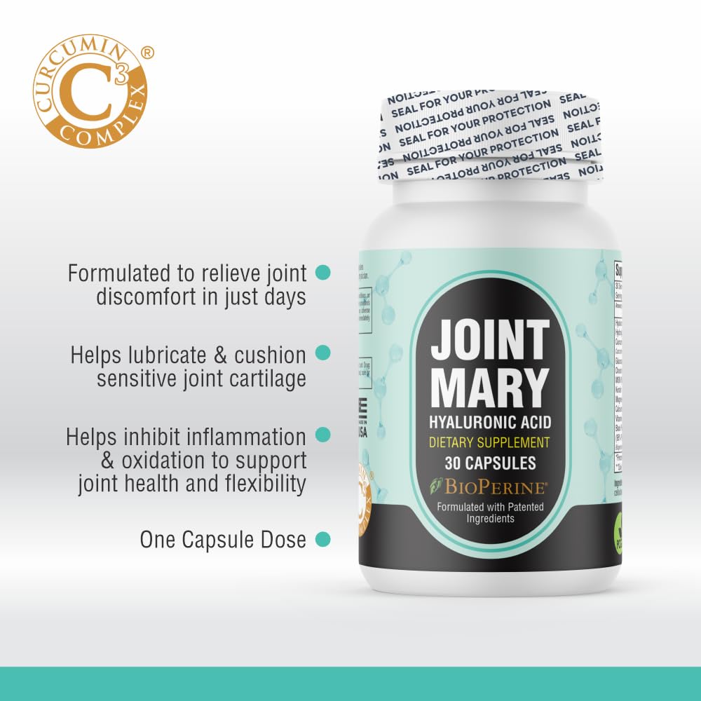 Capsules spilling from bottle of JOINT MARY supplement