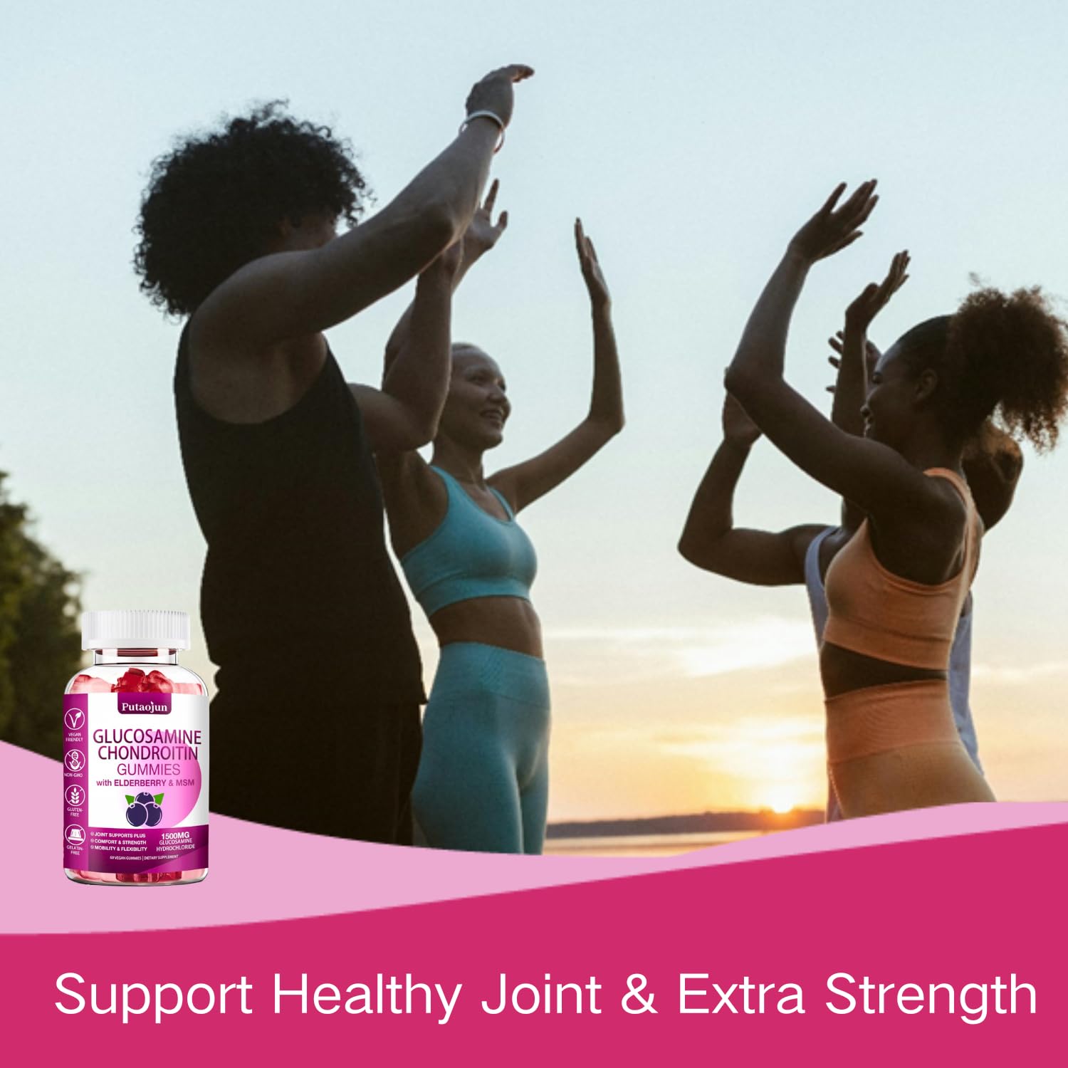 Gummies scattered with a measuring scoop for joint support