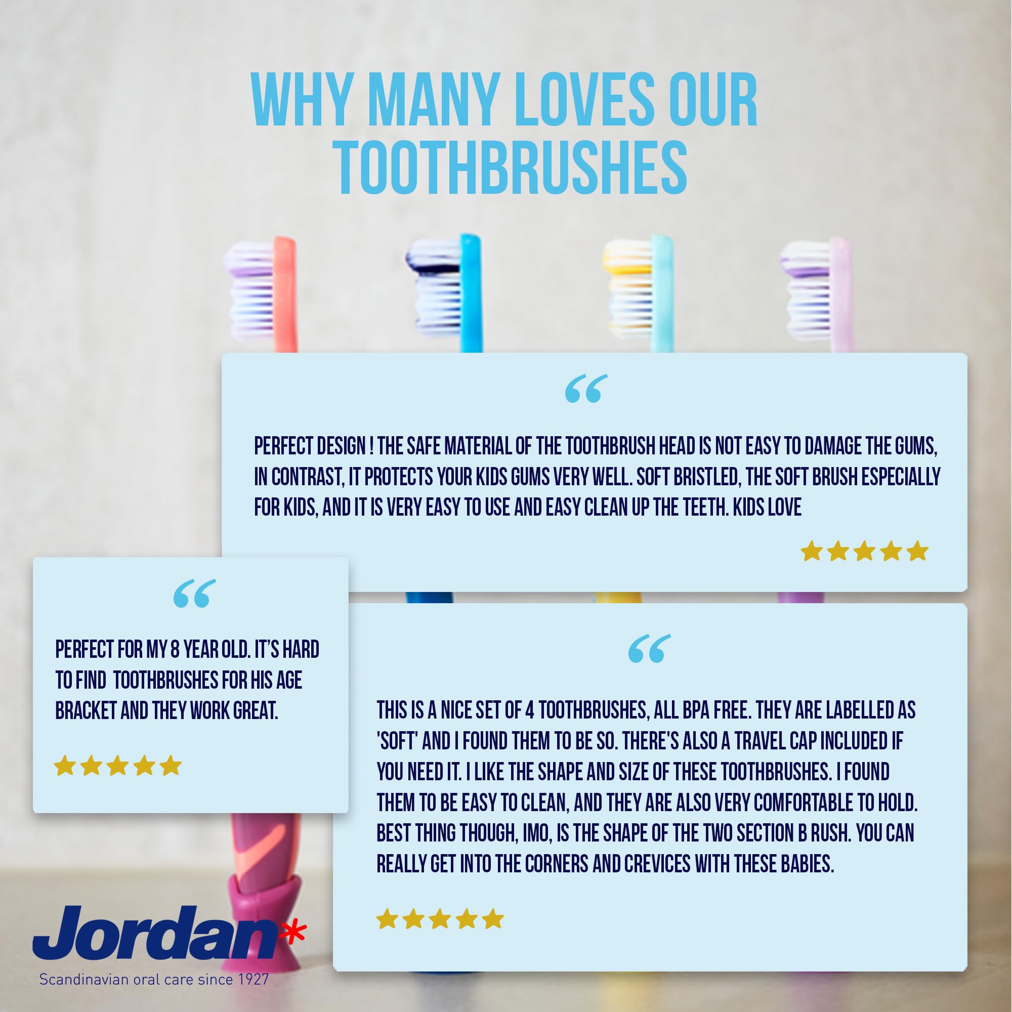 Jordan* toothbrush held in child hand showing proper size and control