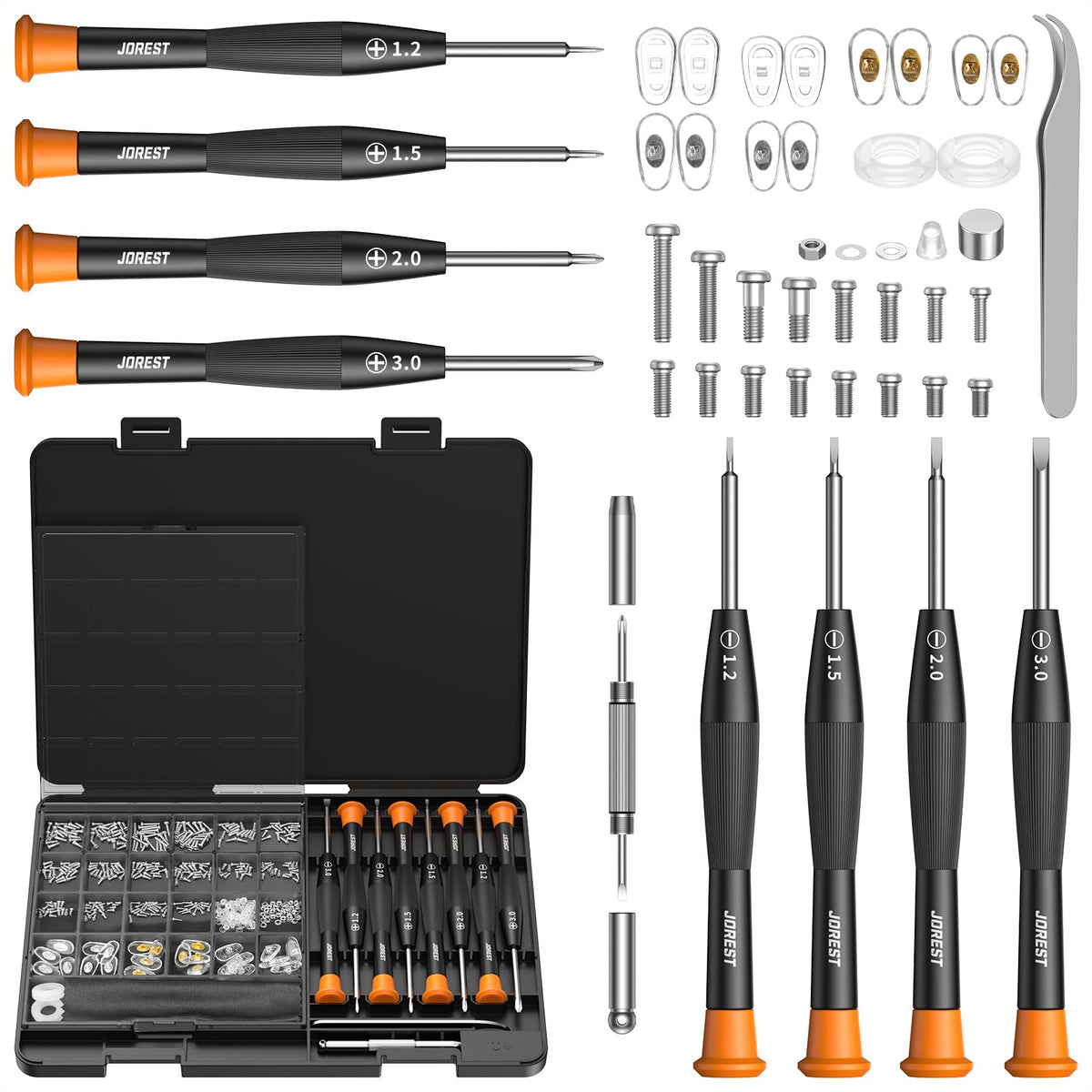 JOREST Eyeglass Repair Kit contents laid out