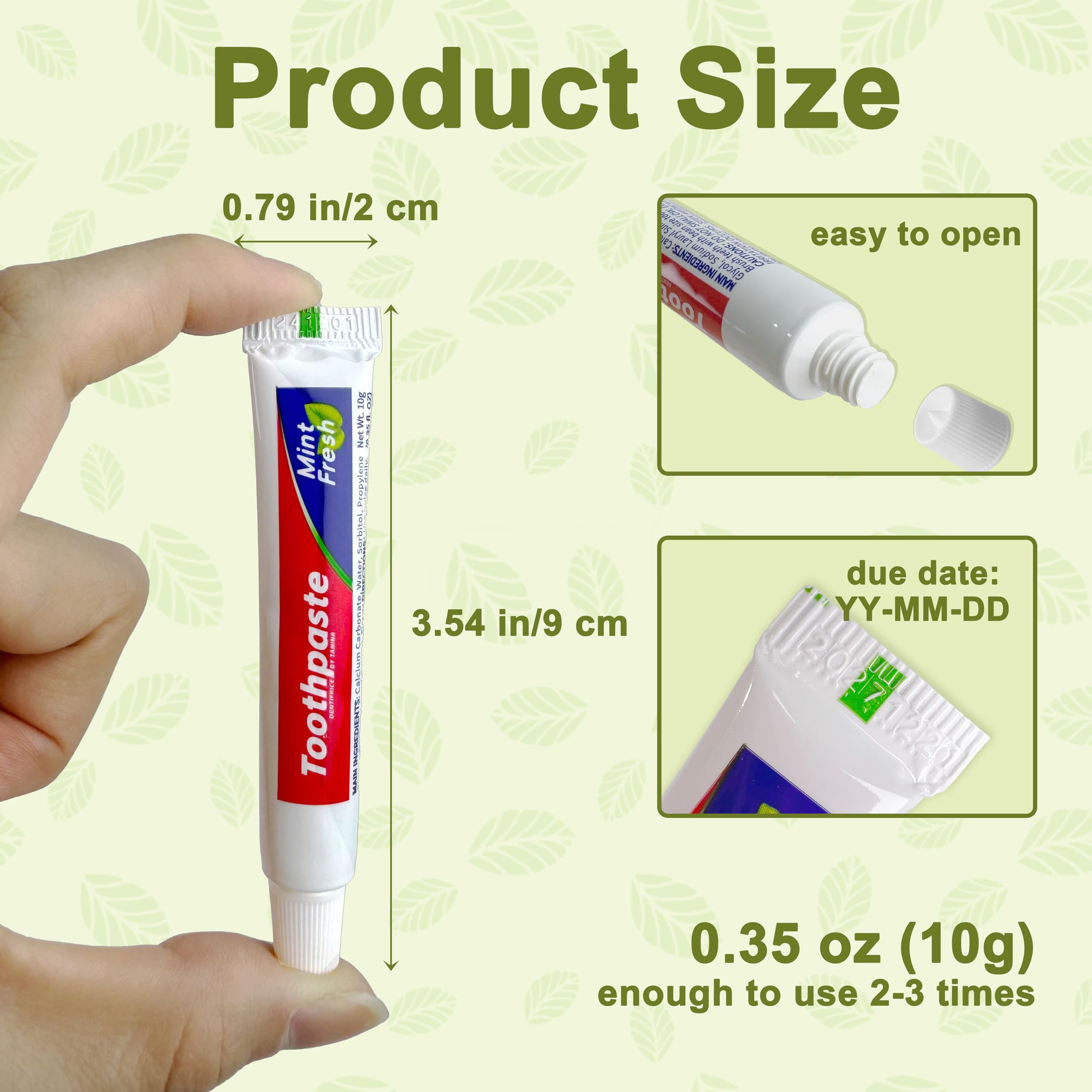 Individually sealed mini toothpaste tubes for hotels and guest rooms