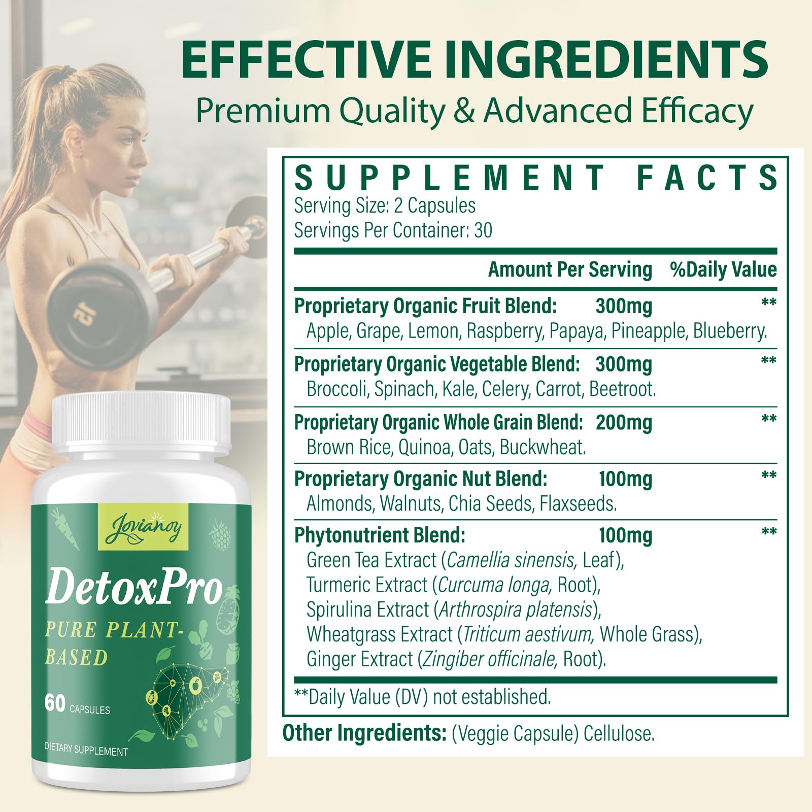 Jovianoy detox capsules bottle showcases convenient capsules for on-the-go wellness.