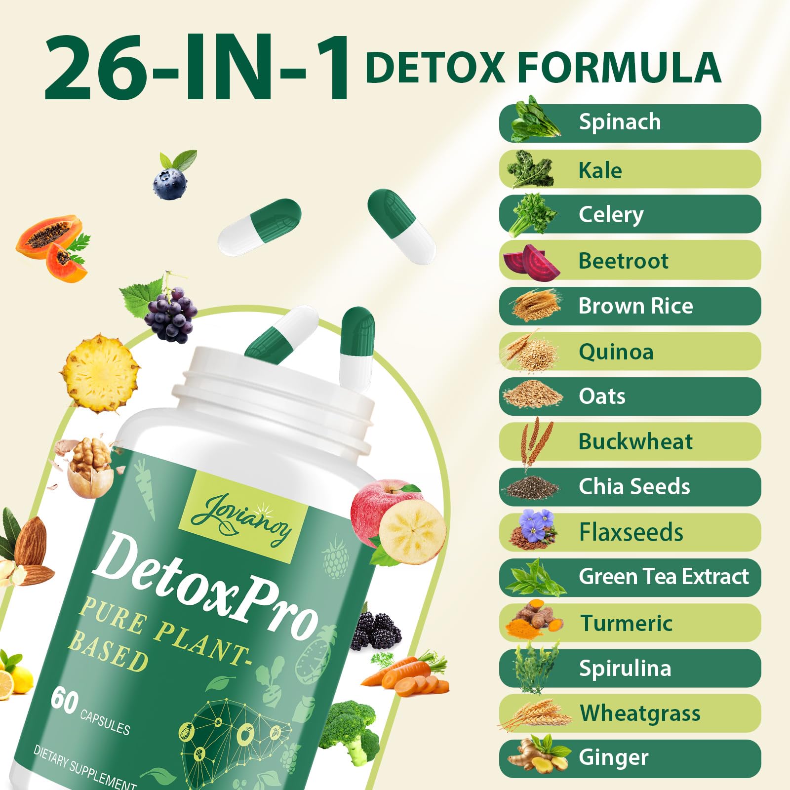 Jovianoy detox daily-use scene demonstrates simple, unflavoured capsules for consistent intake.