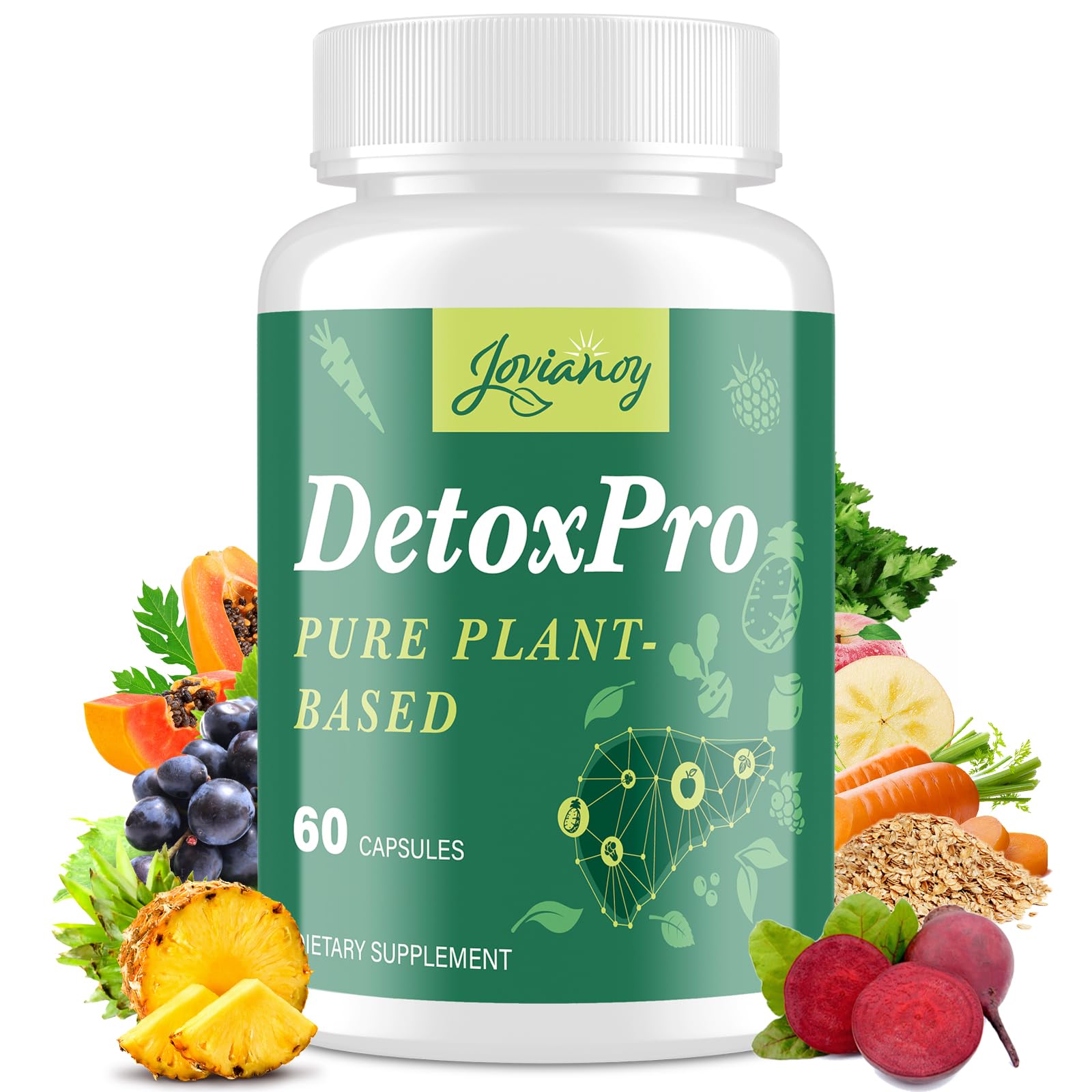 Jovianoy detox ingredients 26-in-1 image highlights natural plant-based blend for daily vitality.