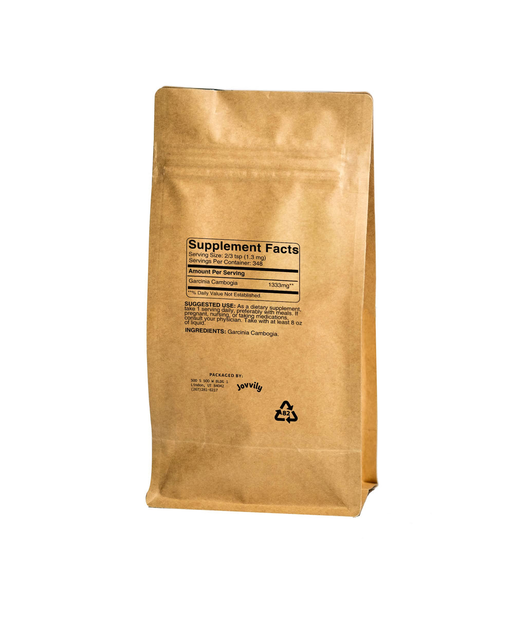 Close-up of Jovvily Garcinia Cambogia powder in a resealable bag