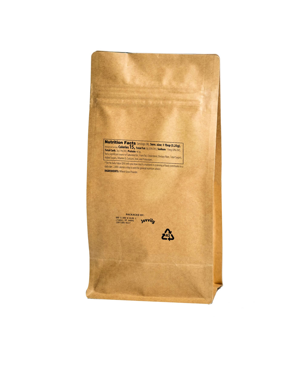 Back label with ingredients and nutrition facts on Jovvily Wheat Grass Powder