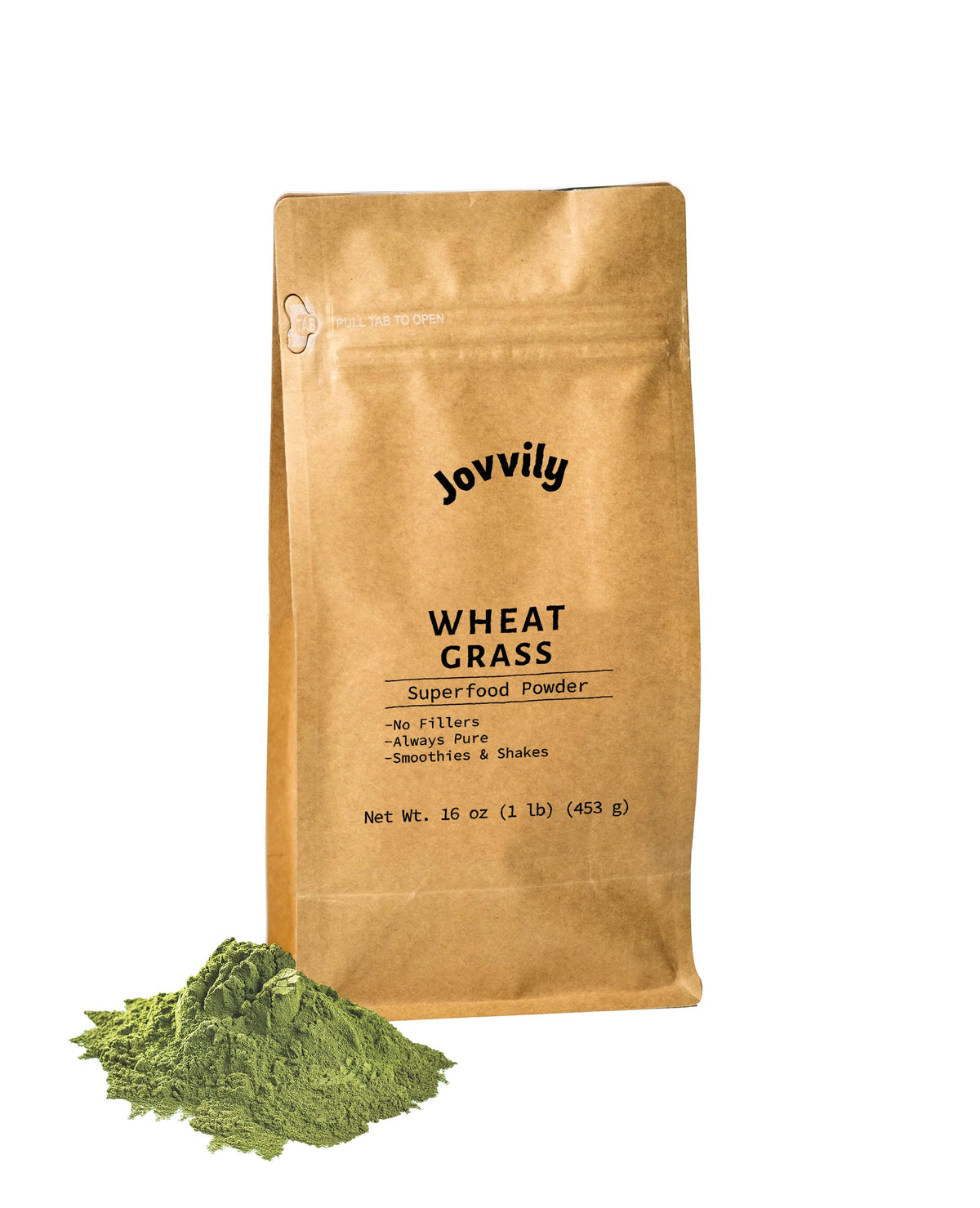 Front view of Jovvily Wheat Grass Powder 1 lb resealable bag