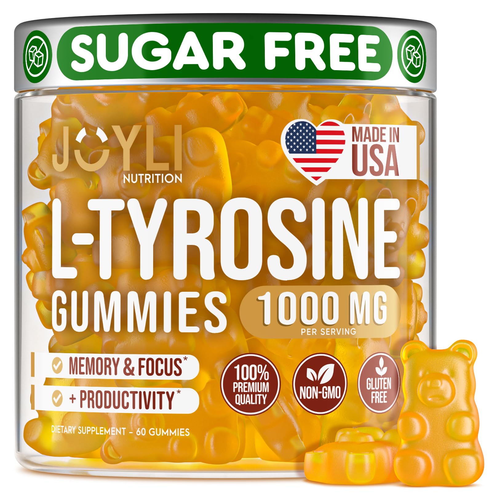 Front view of Joyli L Tyrosine Gummies bottle with vegan and gluten-free claim