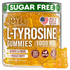 Front view of Joyli L Tyrosine Gummies bottle with vegan and gluten-free claim