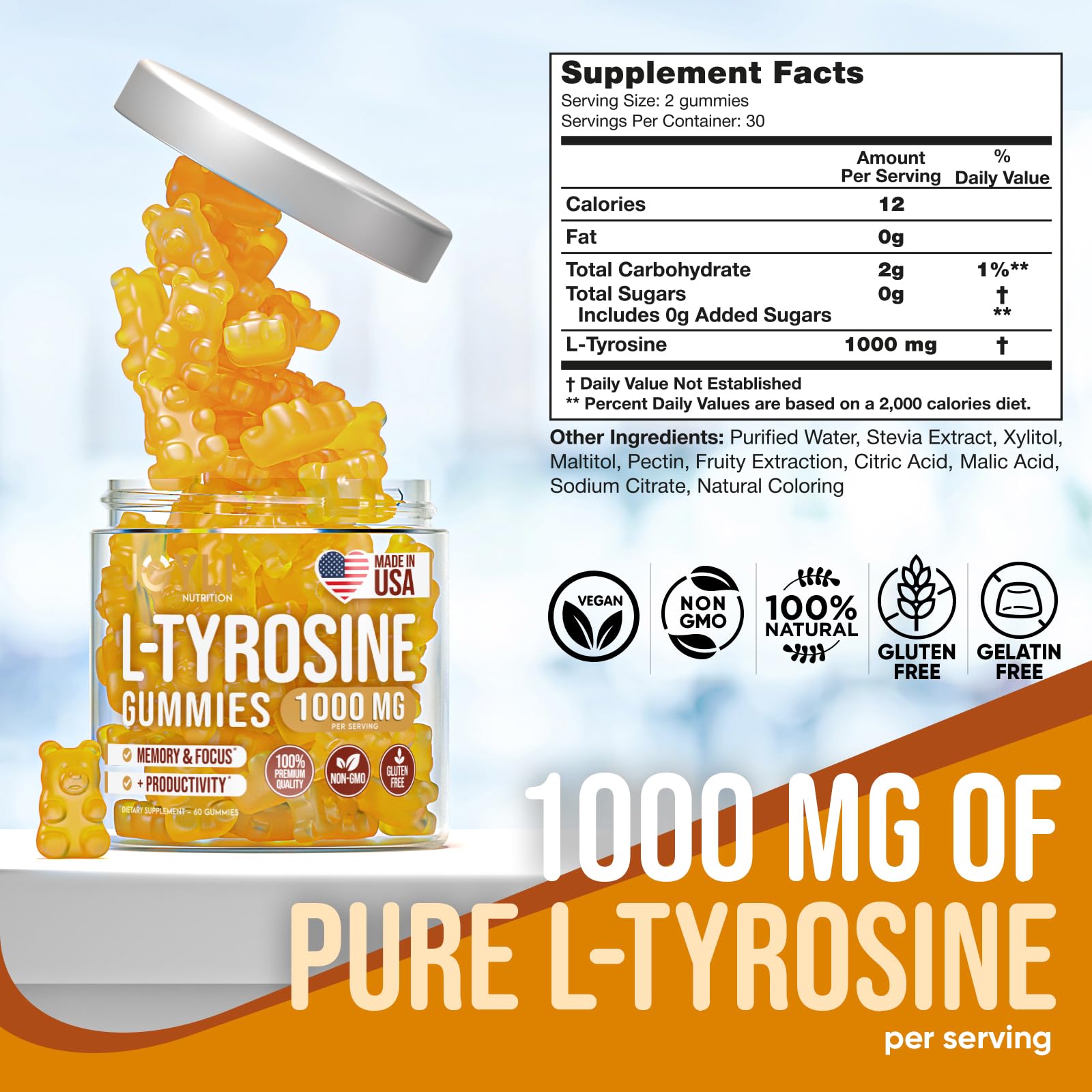 Serving of Joyli L Tyrosine Gummies highlighting 1000mg L-Tyrosine per serving