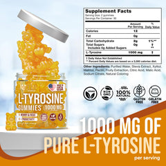 Serving of Joyli L Tyrosine Gummies highlighting 1000mg L-Tyrosine per serving