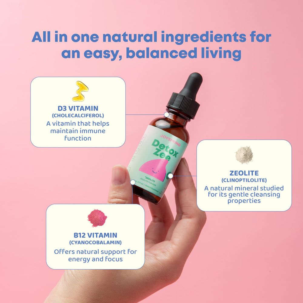 Close-up of JoySpring DetoxZee Kids label and nutrition information
